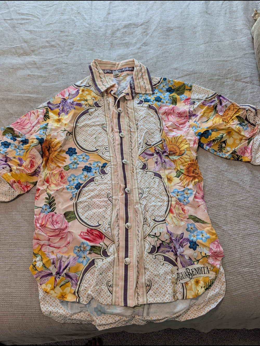 Agua Bendita Pastel Floral Button-Front Linen Coverup